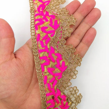 Gold Sheer Tissue Fabric Cutwork Trim with Embroidery in Gold and Fuchsia Pink, Scallop Trim, Fringe Trim